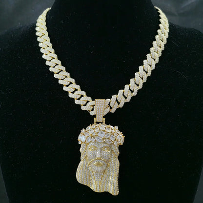 Hip Hop 5A+ CZ Stone Paved Bling Iced Out Big JESUS PIECES Pendants Necklaces for Men Rapper Jewelry with 14MM cuban chain