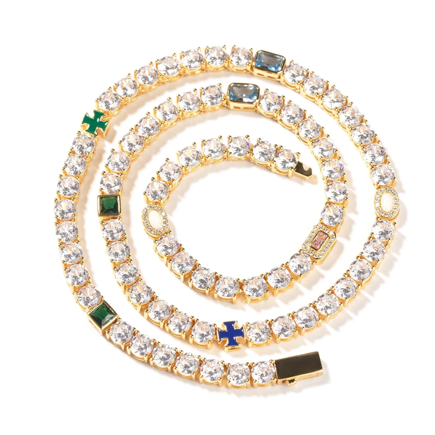 Hip Hop Color CZ Stone Paved Bling Iced Out Cross Tennis Link Chain Bracelets Necklaces for Men Women Unisex Rapper Jewelry