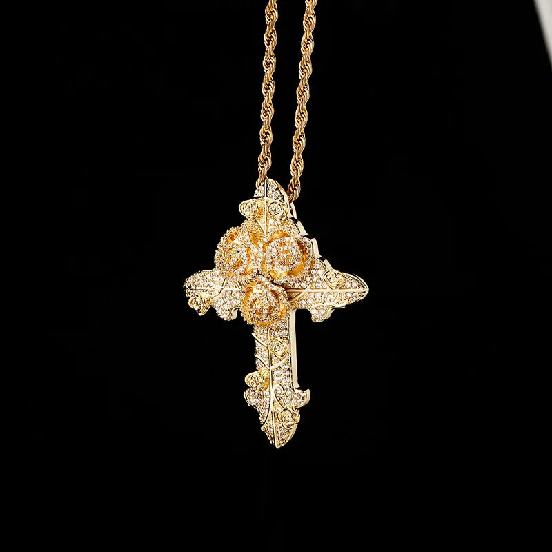 Hip Hop Micro Paved AAA Cubic Zirconia Bling Iced Out Flowers Cross Pendants Necklaces for Men Rapper Jewelry Drop Shipping