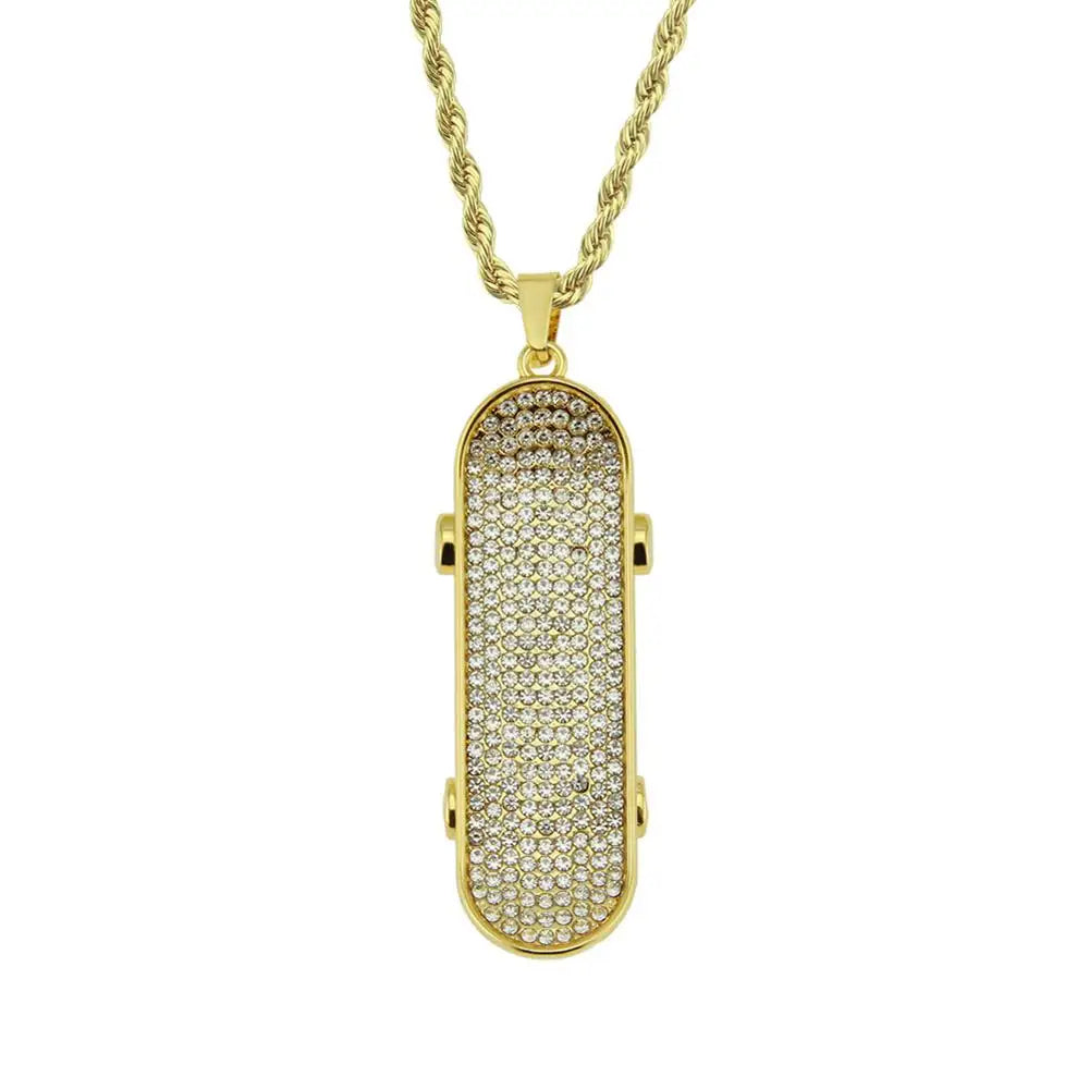 Hip Hop Full Rhinestones Paved Bling Iced Out Skateboard Pendants Necklace for Men Rapper Jewelry Gold Silver Color