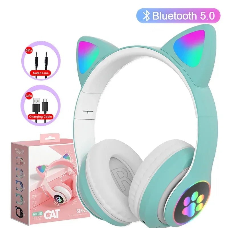 JST-28 Wireless Headphones Cat Ears Bluetooth Earphones Stereo Music Earbuds Bluetooth Sports Gaming Headset with Mic for Phones