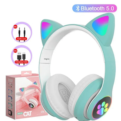 JST-28 Wireless Headphones Cat Ears Bluetooth Earphones Stereo Music Earbuds Bluetooth Sports Gaming Headset with Mic for Phones