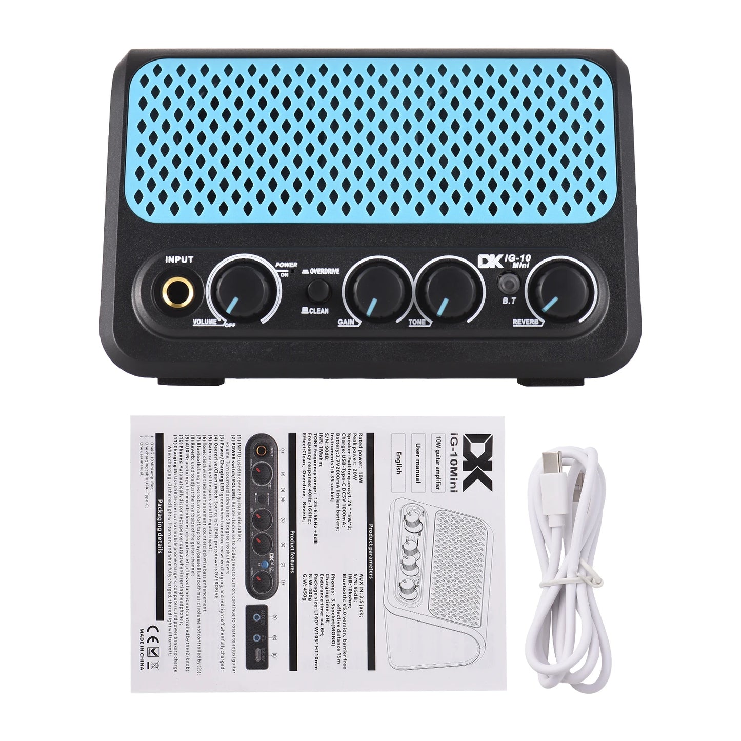 DK 10W Small Electric Guitar Amp Clean Overdrive 2 Channel Reverb Effect Guitar Practice Speaker Plug and Play BT/Headphone