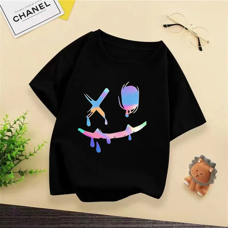 Kids Hip Hop Smile Face T-shirt, Colorful Holographic Graffiti Print Casual Short Sleeve Cotton Tee for Boys Streetwear WX144