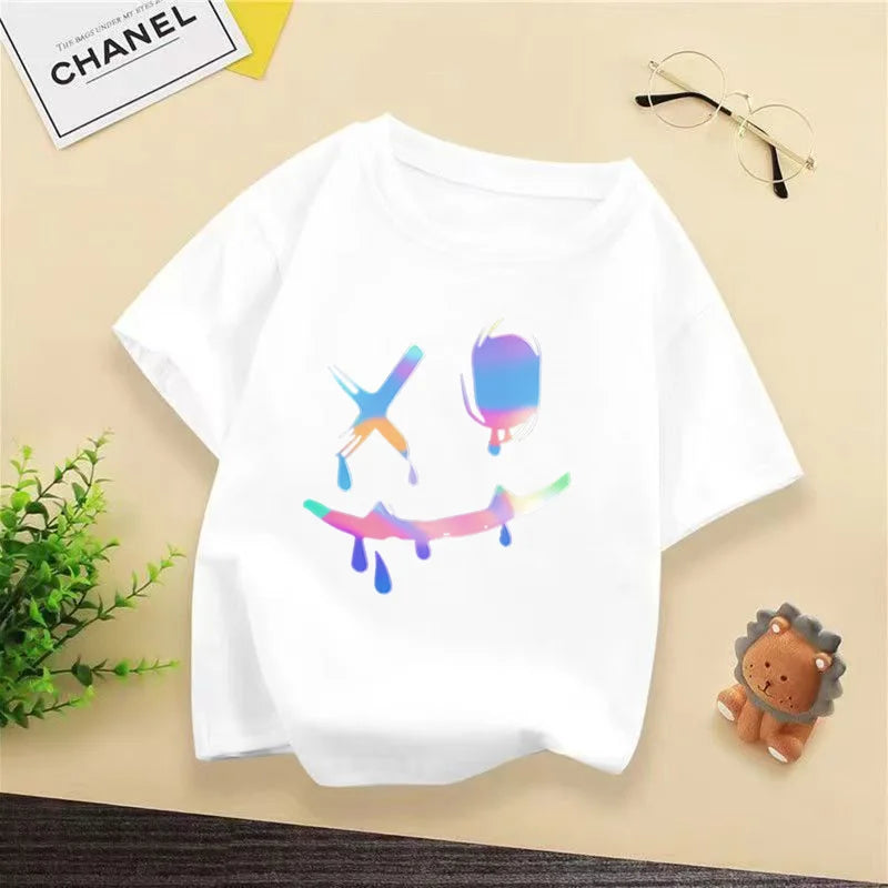 Kids Hip Hop Smile Face T-shirt, Colorful Holographic Graffiti Print Casual Short Sleeve Cotton Tee for Boys Streetwear WX144