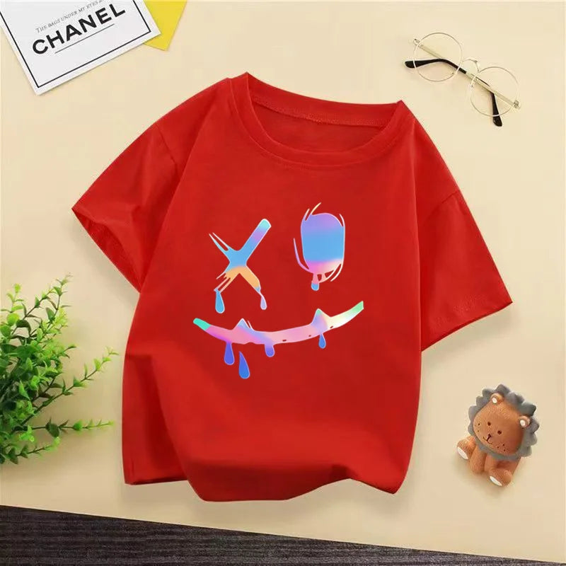 Kids Hip Hop Smile Face T-shirt, Colorful Holographic Graffiti Print Casual Short Sleeve Cotton Tee for Boys Streetwear WX144