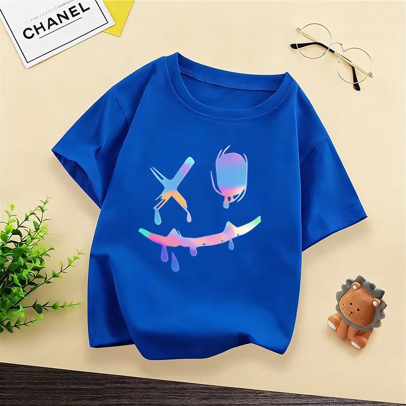 Kids Hip Hop Smile Face T-shirt, Colorful Holographic Graffiti Print Casual Short Sleeve Cotton Tee for Boys Streetwear WX144