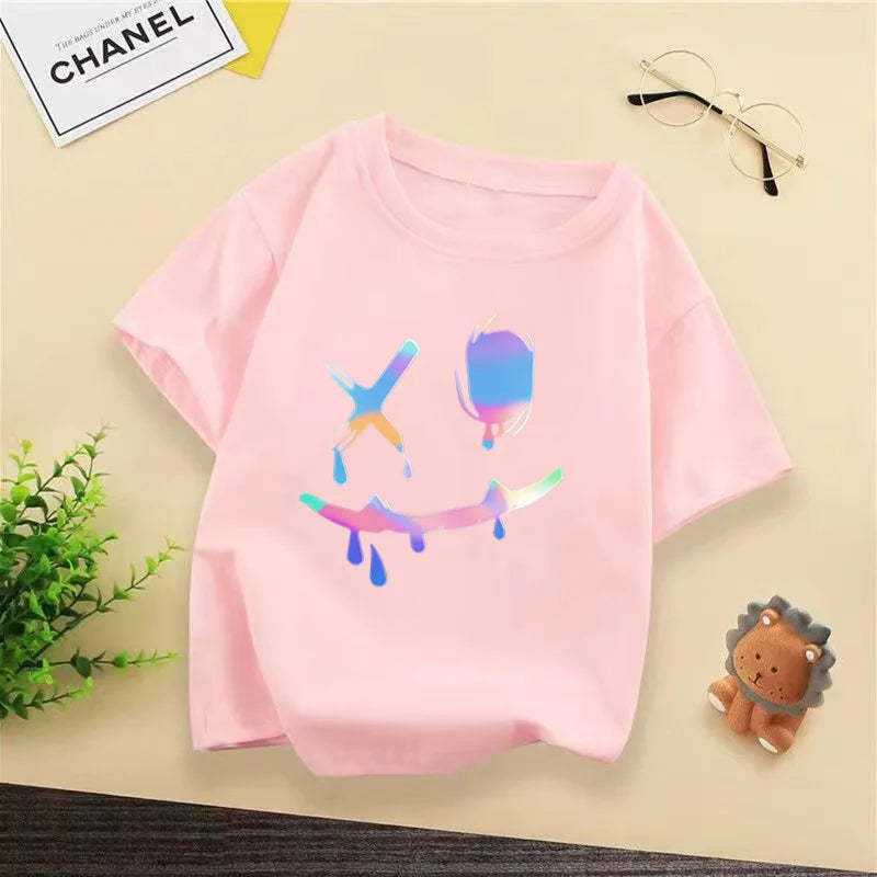 Kids Hip Hop Smile Face T-shirt, Colorful Holographic Graffiti Print Casual Short Sleeve Cotton Tee for Boys Streetwear WX144