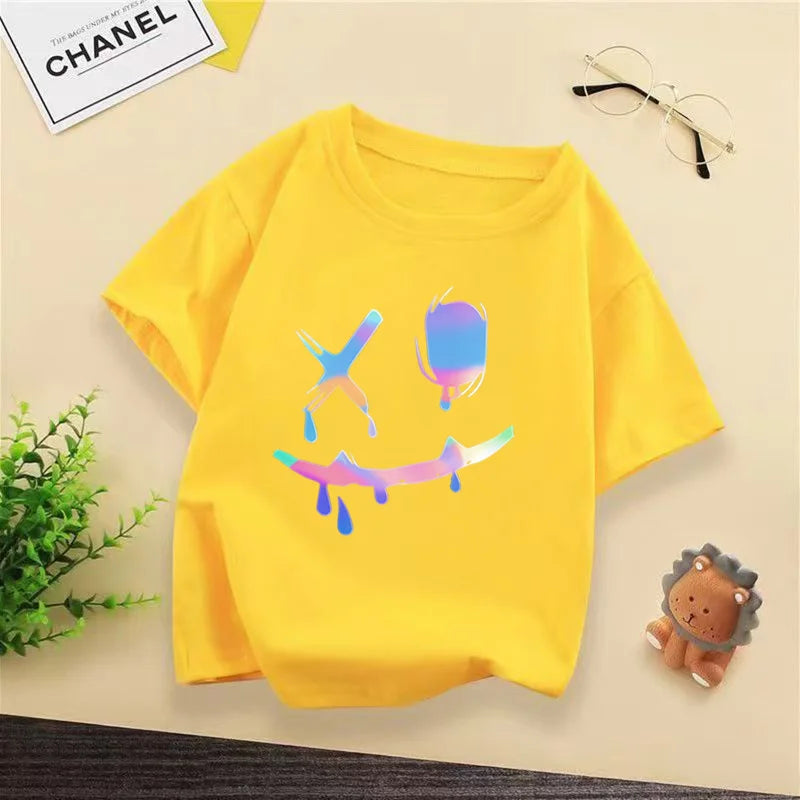 Kids Hip Hop Smile Face T-shirt, Colorful Holographic Graffiti Print Casual Short Sleeve Cotton Tee for Boys Streetwear WX144