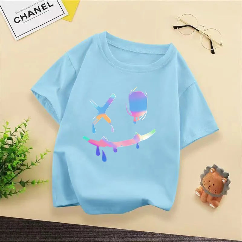 Kids Hip Hop Smile Face T-shirt, Colorful Holographic Graffiti Print Casual Short Sleeve Cotton Tee for Boys Streetwear WX144