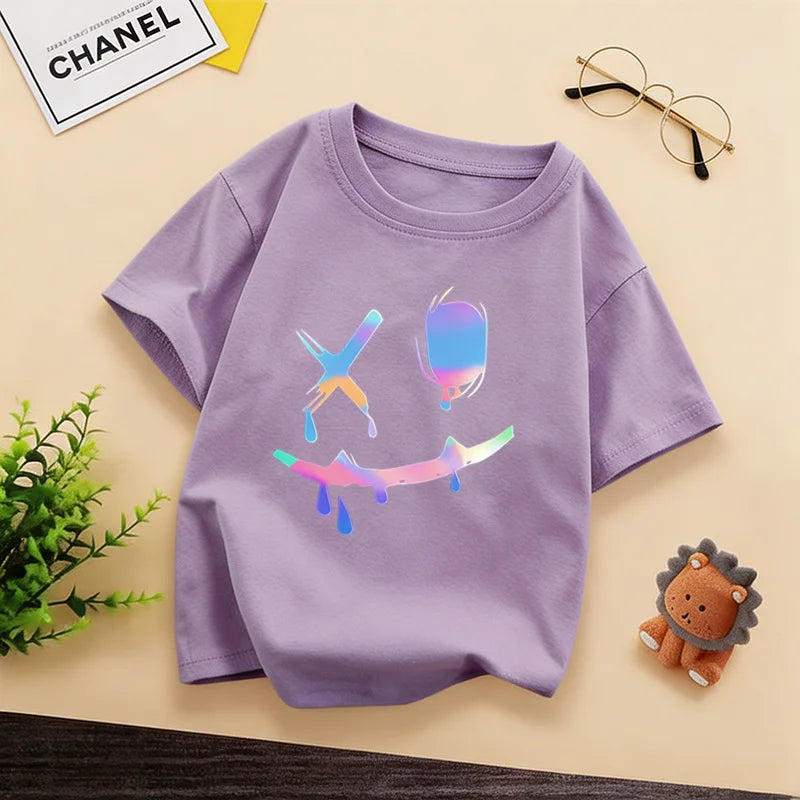 Kids Hip Hop Smile Face T-shirt, Colorful Holographic Graffiti Print Casual Short Sleeve Cotton Tee for Boys Streetwear WX144
