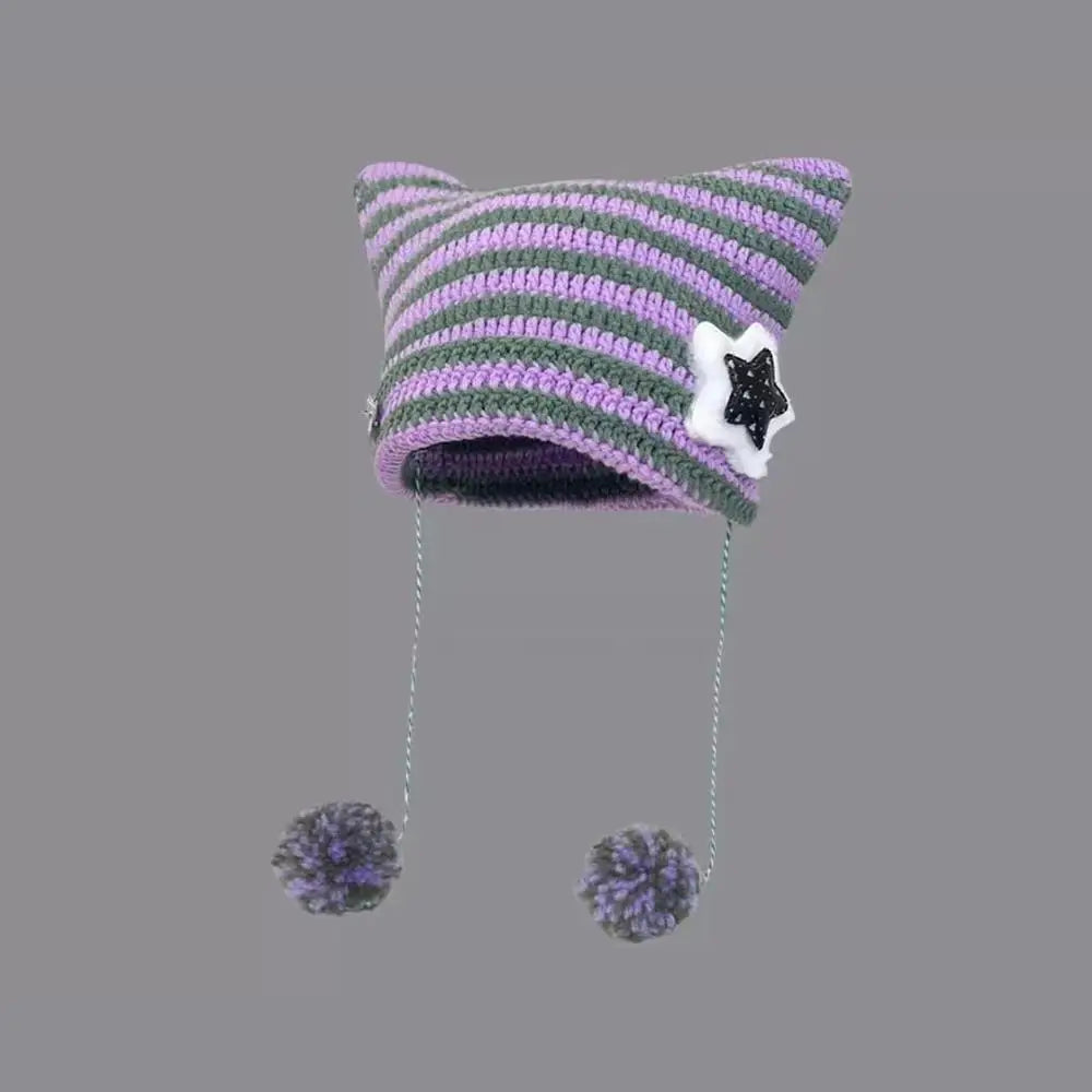 Hip-hop Y2K Beanie Hat Ins Devil Ear Striped Knitted Wool Cap Hip-hop Crochet Cute Cat Ears Pointed Pullover Women's Hats