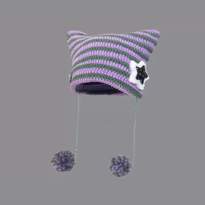 Hip-hop Y2K Beanie Hat Ins Devil Ear Striped Knitted Wool Cap Hip-hop Crochet Cute Cat Ears Pointed Pullover Women's Hats