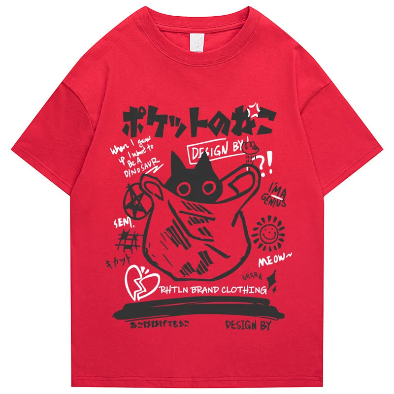 Hip Hop T-Shirt Men Streetwear Japanese Kanji Funny Cat Printed T Shirt 2023 Men Harajuku Cotton Casual Short Sleeve Tshirt Tops