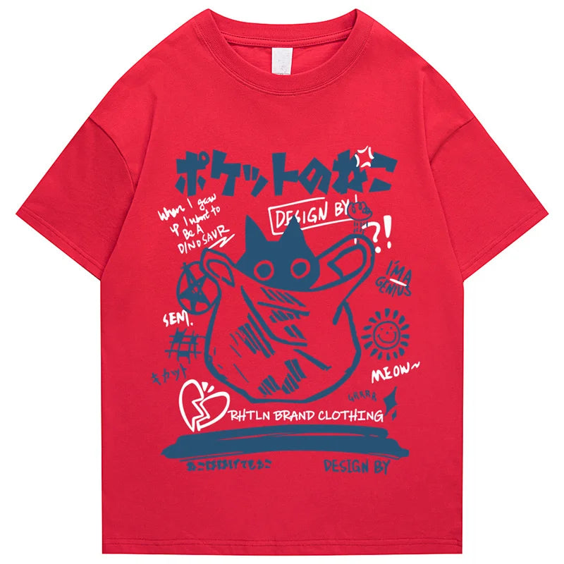 Hip Hop T-Shirt Men Streetwear Japanese Kanji Funny Cat Printed T Shirt 2023 Men Harajuku Cotton Casual Short Sleeve Tshirt Tops