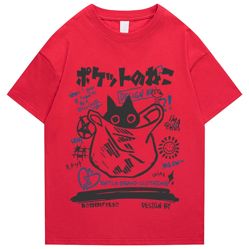 Hip Hop T-Shirt Men Streetwear Japanese Kanji Funny Cat Printed T Shirt 2023 Men Harajuku Cotton Casual Short Sleeve Tshirt Tops
