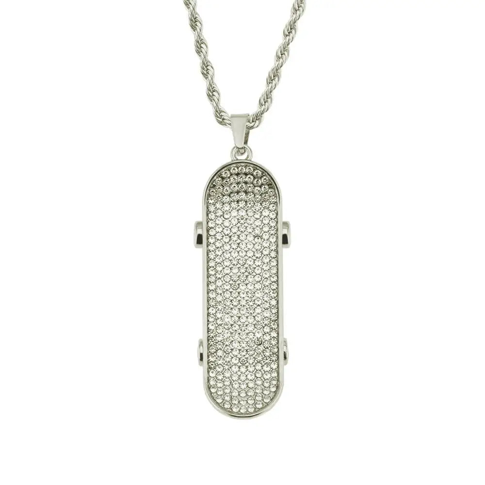 Hip Hop Full Rhinestones Paved Bling Iced Out Skateboard Pendants Necklace for Men Rapper Jewelry Gold Silver Color