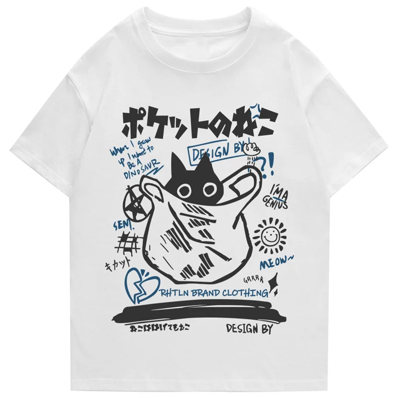 Hip Hop T-Shirt Men Streetwear Japanese Kanji Funny Cat Printed T Shirt 2023 Men Harajuku Cotton Casual Short Sleeve Tshirt Tops