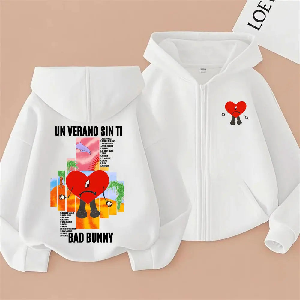 Rapper Bad Bunny Un Verano Sin Ti Album Graphic Zipper Hoodie Men Women Hip Hop Fashion Oversized Zip Up Jacket Coat Sweatshirt