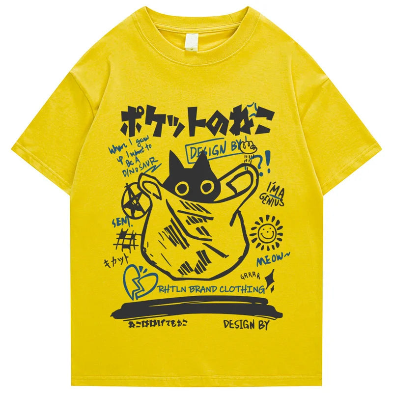 Hip Hop T-Shirt Men Streetwear Japanese Kanji Funny Cat Printed T Shirt 2023 Men Harajuku Cotton Casual Short Sleeve Tshirt Tops
