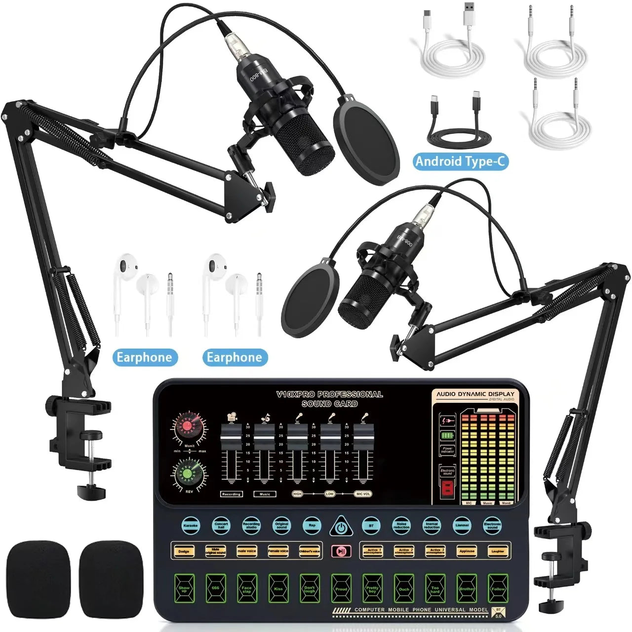 Black v10xpro sound card studio mixer singing with illuminated controls and audio dynamic display for dual microphone voice use