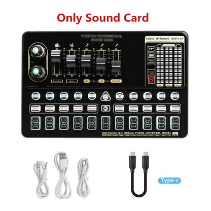 Black v10xpro sound card with silver knobs sliders digital display and cables for studio mixer singing dual microphone voice