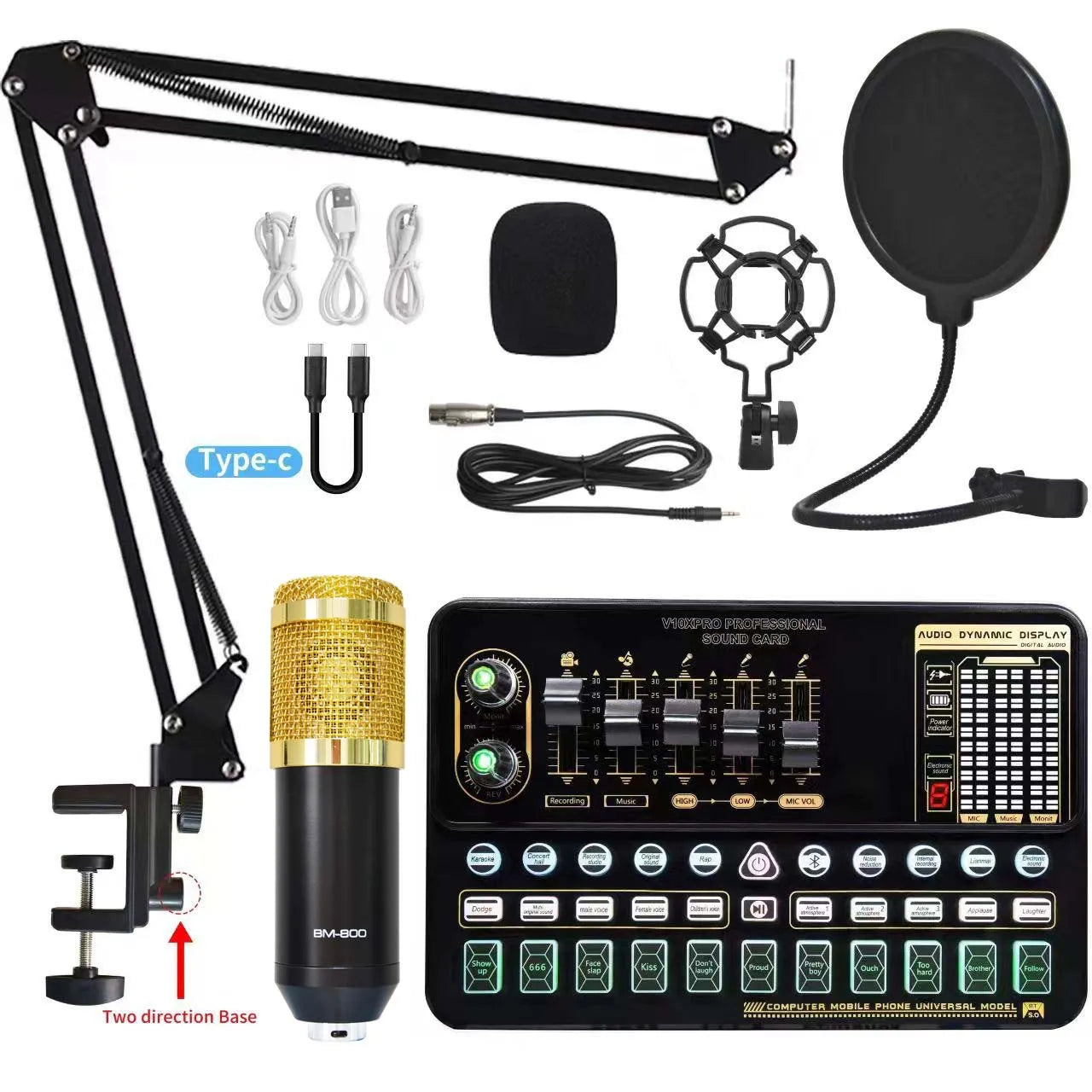 Black and gold dynamic microphone with mesh grille mounted on adjustable arm stand for v10xpro sound card studio mixer singing dual microphone voice setup