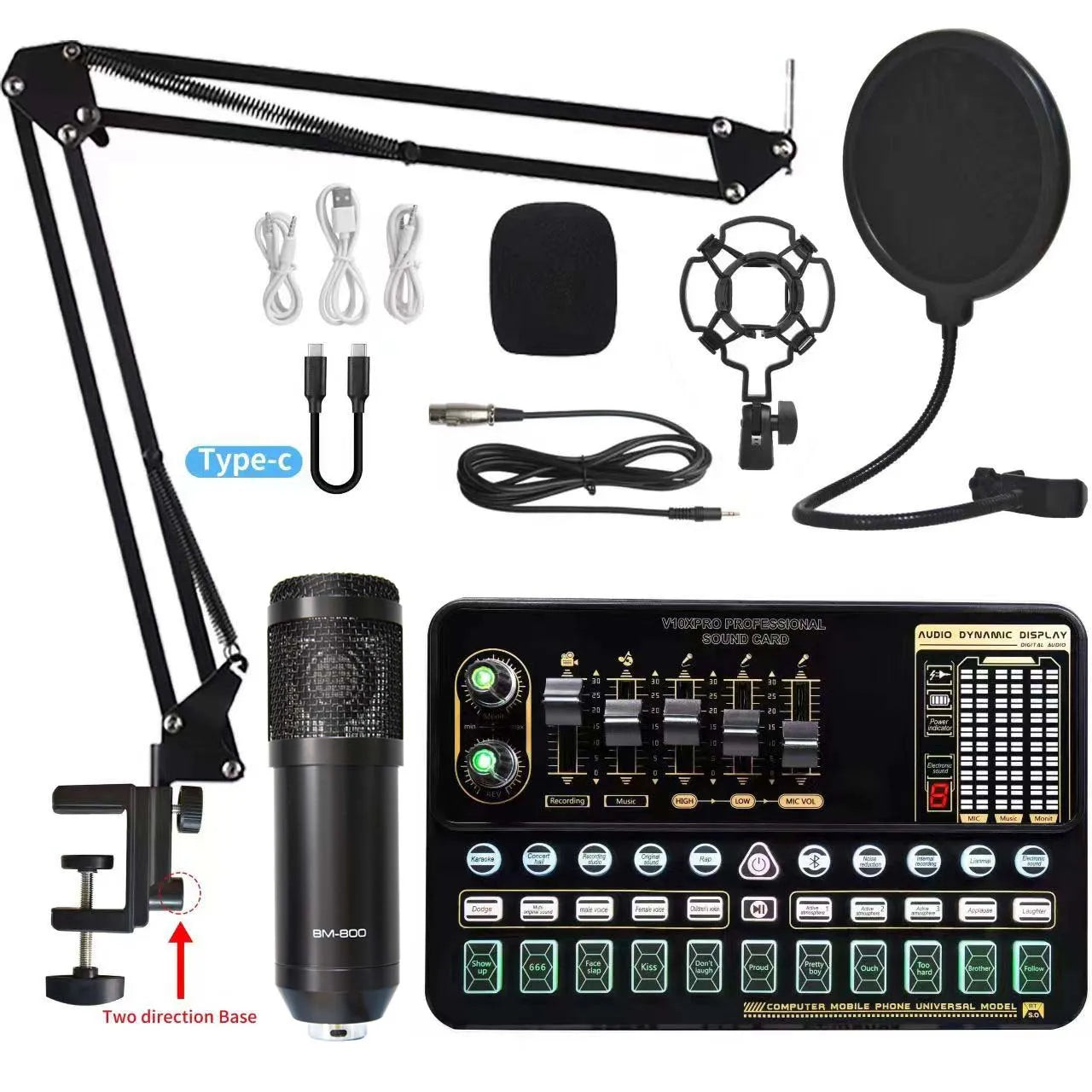 Black bm-800 dynamic microphone with mesh grille and metallic finish on adjustable arm for v10xpro sound card studio mixer singing dual microphone voice use