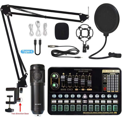 Black bm-800 dynamic microphone with mesh grille and metallic finish on adjustable arm for v10xpro sound card studio mixer singing dual microphone voice use