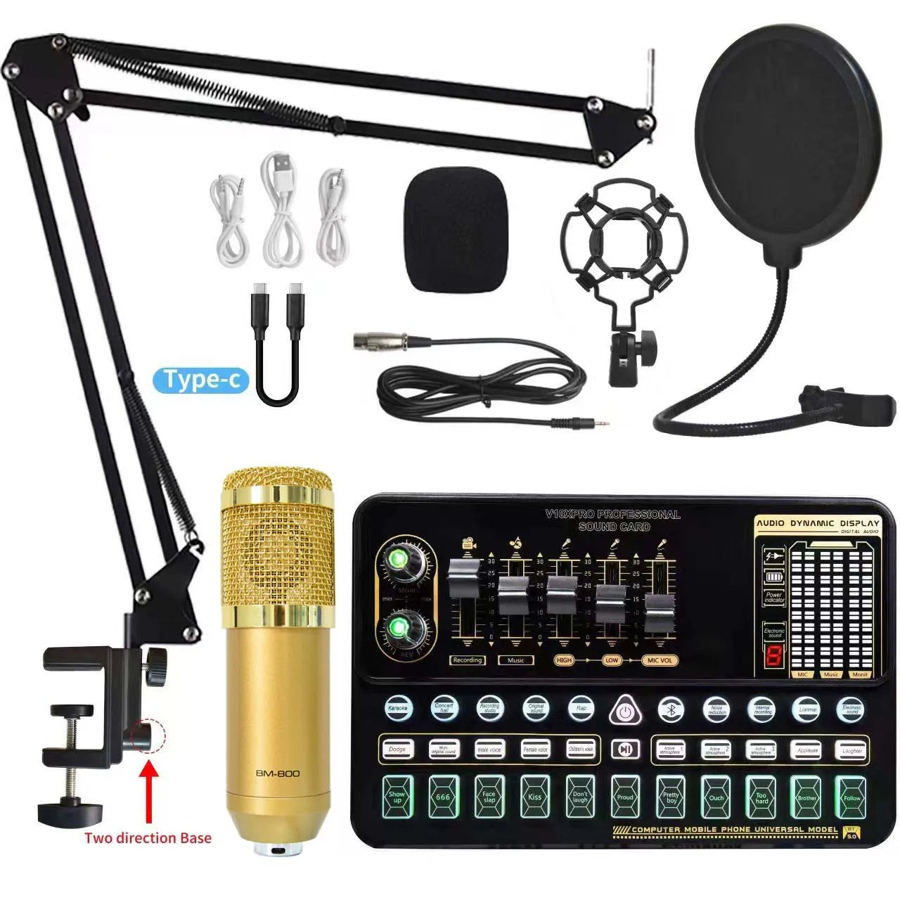 Gold-colored dynamic microphone with mesh grille and black arm for v10xpro sound card studio mixer singing dual microphone voice set