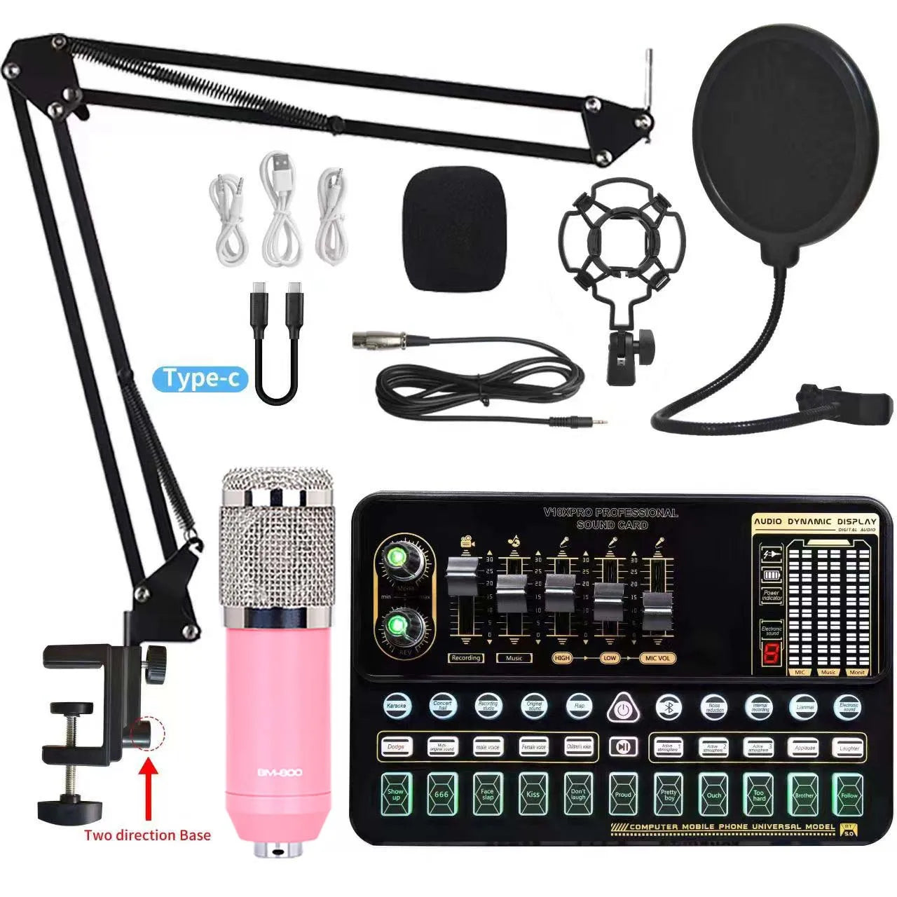 Pink microphone with silver mesh grille and black adjustable arm mount for v10xpro sound card studio mixer singing dual microphone voice setup