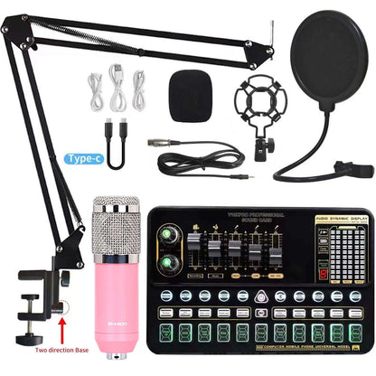 Pink microphone with silver mesh grille and black adjustable arm mount for v10xpro sound card studio mixer singing dual microphone voice setup
