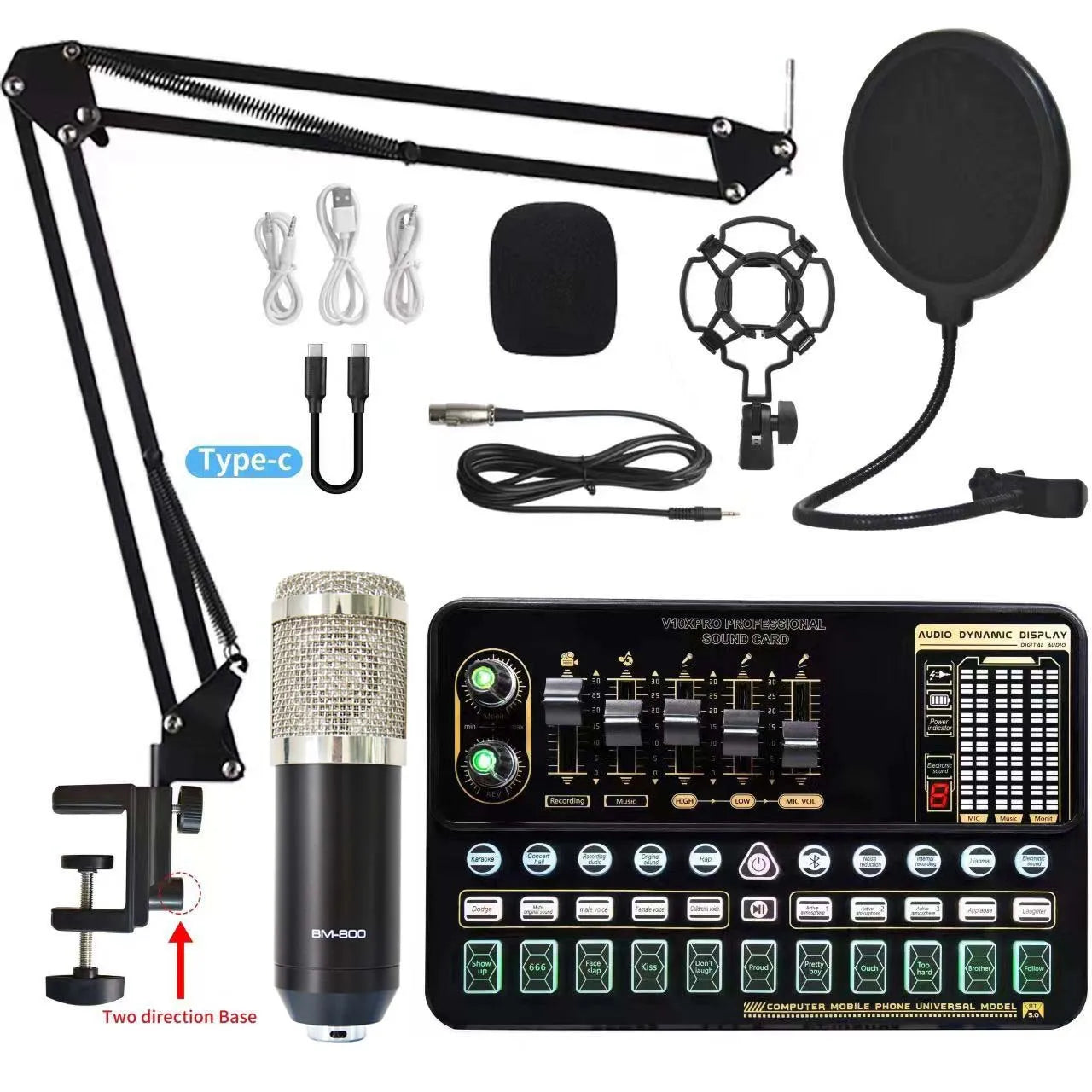 Black bm-800 condenser microphone with silver mesh grille on adjustable arm stand for v10xpro sound card studio mixer singing and dual microphone voice setup