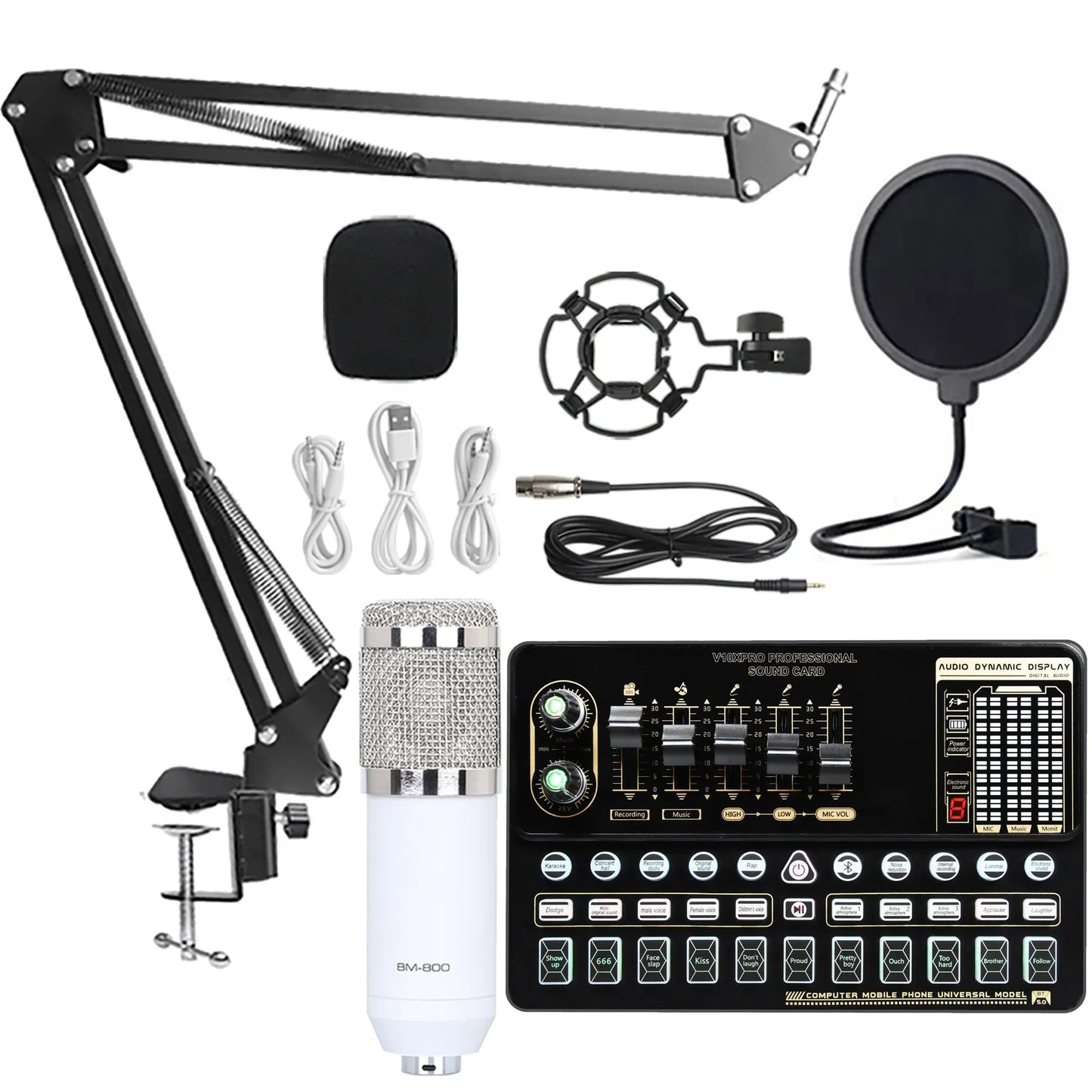 White bm-800 condenser microphone with silver mesh grille and chrome accents for v10xpro sound card studio mixer singing dual microphone voice setup