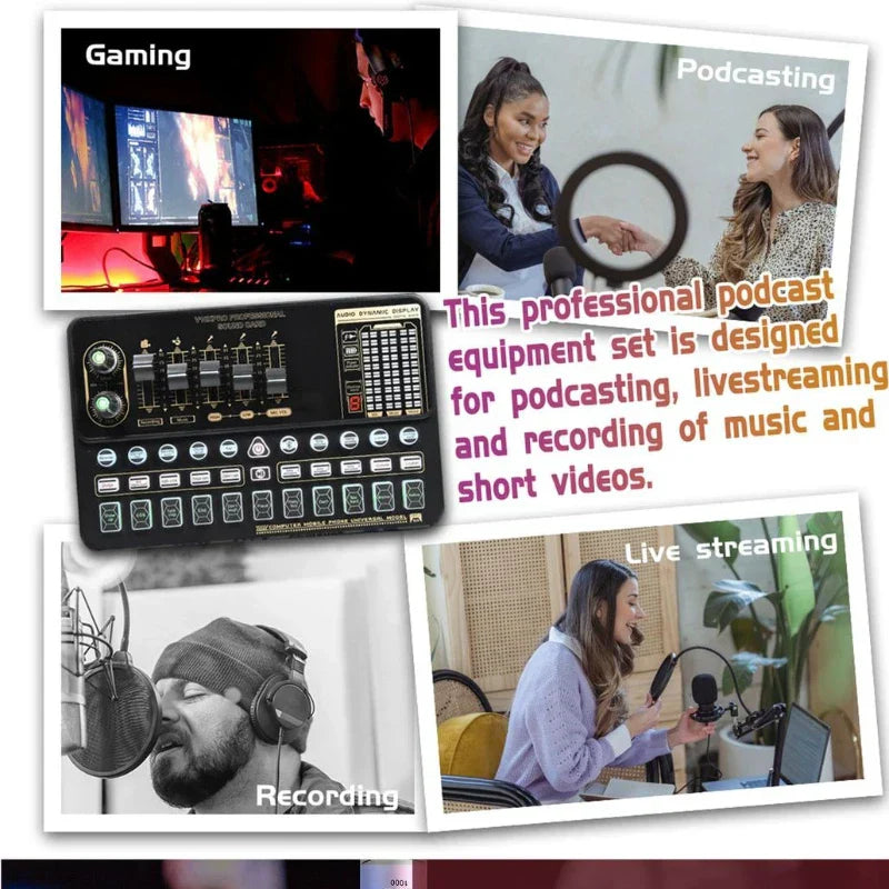 Black v10xpro sound card studio mixer with multiple knobs and display for dual microphone voice live streaming and recording