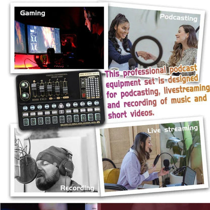 Black v10xpro sound card studio mixer with multiple knobs and display for dual microphone voice live streaming and recording