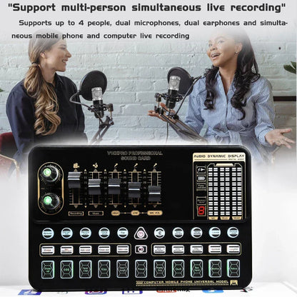 Black V10XPro sound card studio mixer singing device with gold-trimmed knobs and dynamic audio display for dual microphone voice use