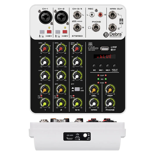 White and black debra professional 4-channel V4 audio interface mixer with 48v phantom power bluetooth usb recording and power delay replay effects