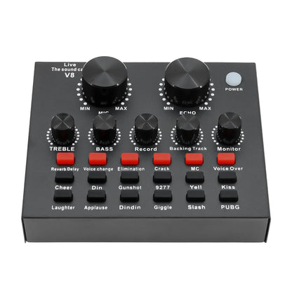 Black rectangular v8 audio sound card usb with six knobs red function buttons for plug dj equipment and computer pc webcast