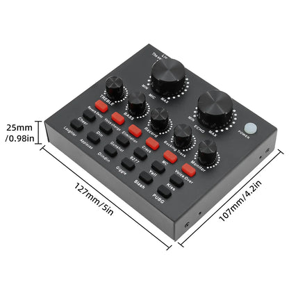 Black rectangular sound card usb with six rotary knobs red effect buttons and silver power button for computer pc webcast