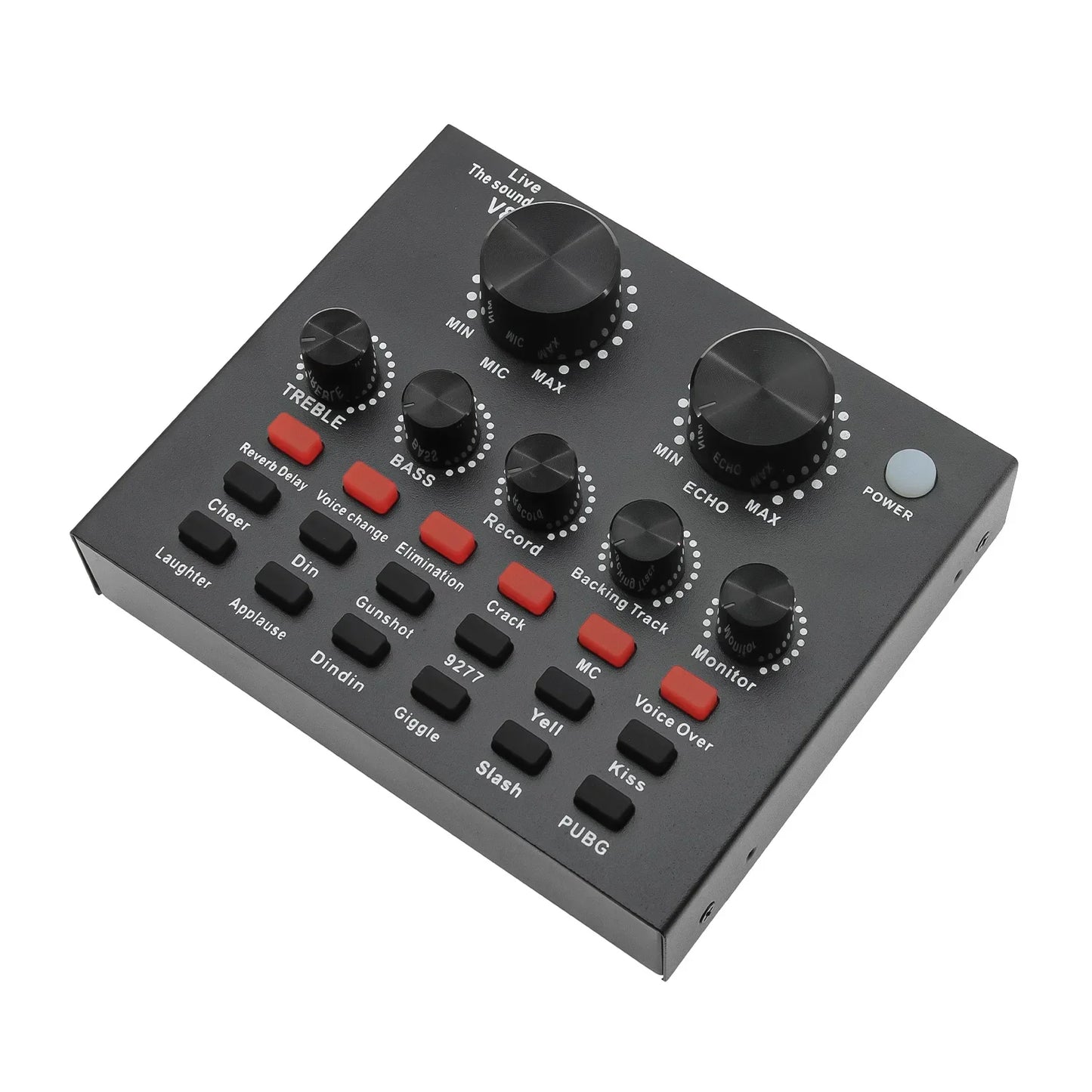 Black rectangular sound card usb with multiple knobs and red buttons for plug dj equipment and computer pc webcast use