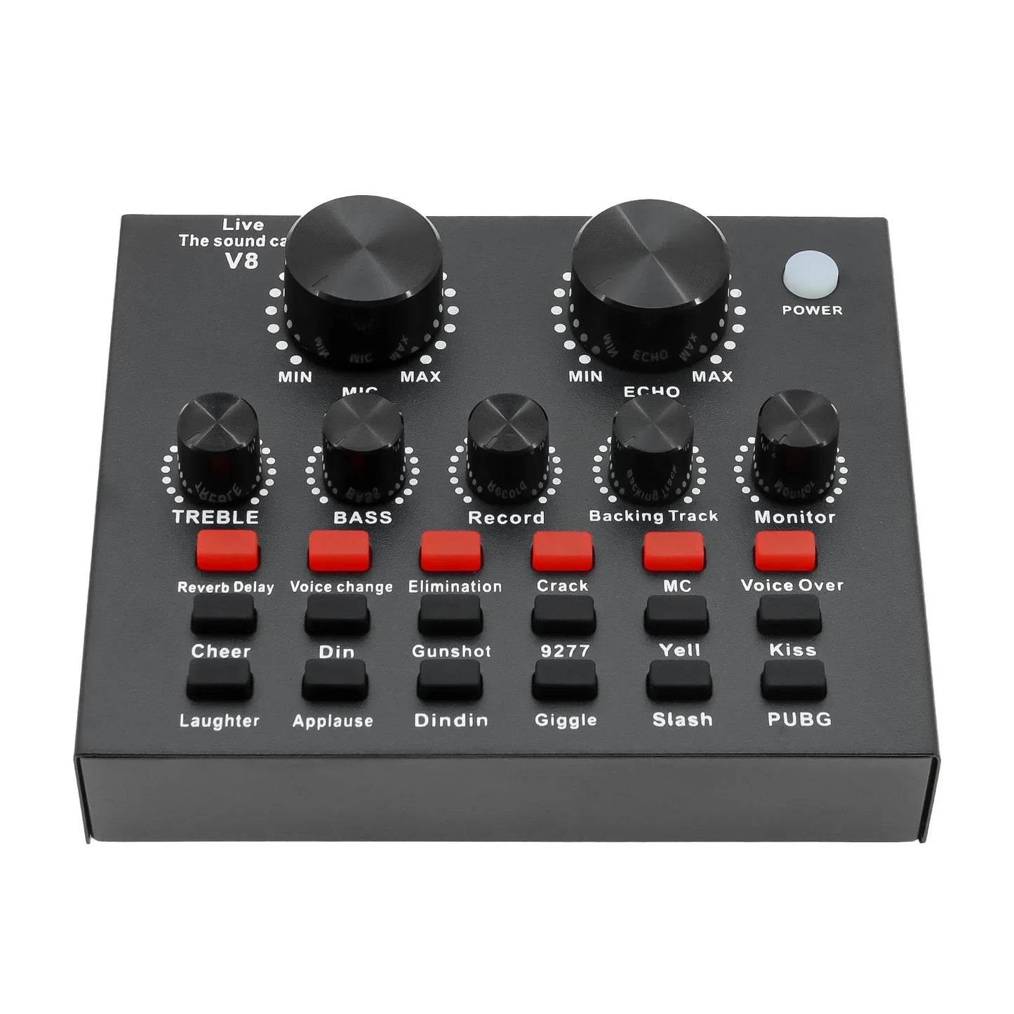 Black rectangular audio sound card with six knobs red function buttons and white power button for computer pc webcast use