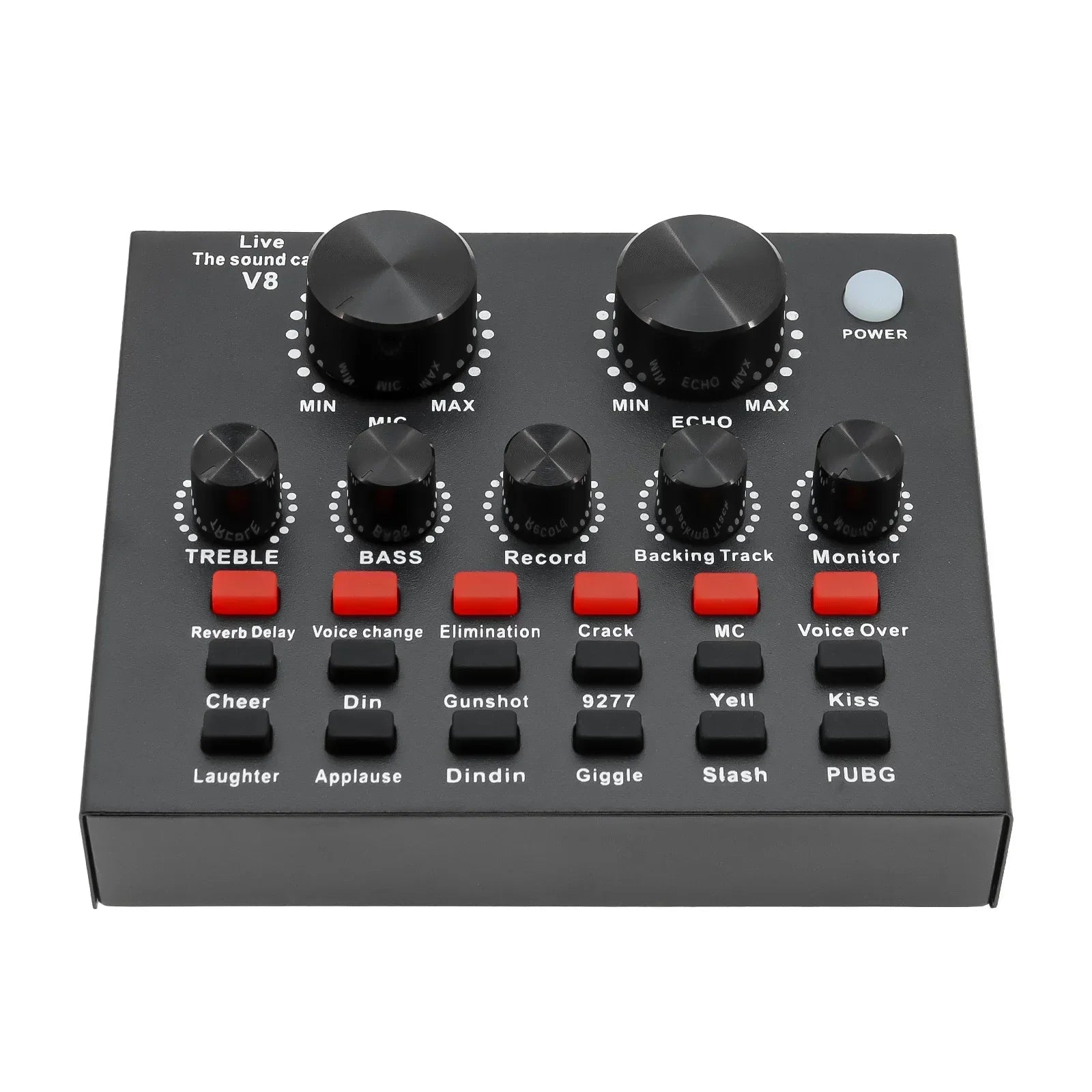 Black rectangular audio sound card with six knobs red function buttons and white power button for computer pc webcast use