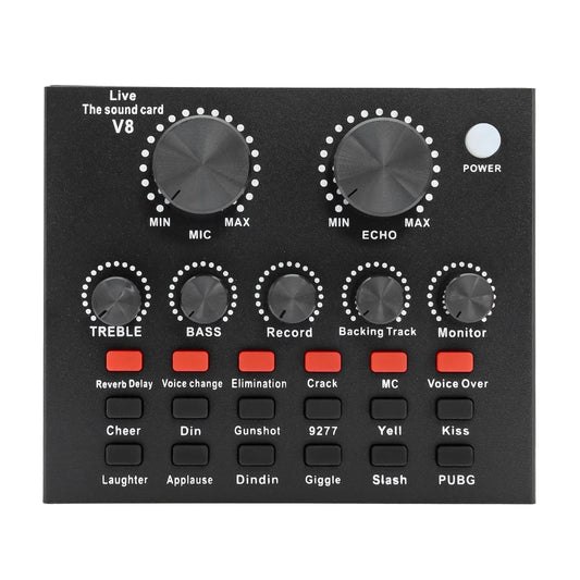 Black rectangular sound card usb v8 audio sound card with knobs for plug dj equipment and computer pc webcast use