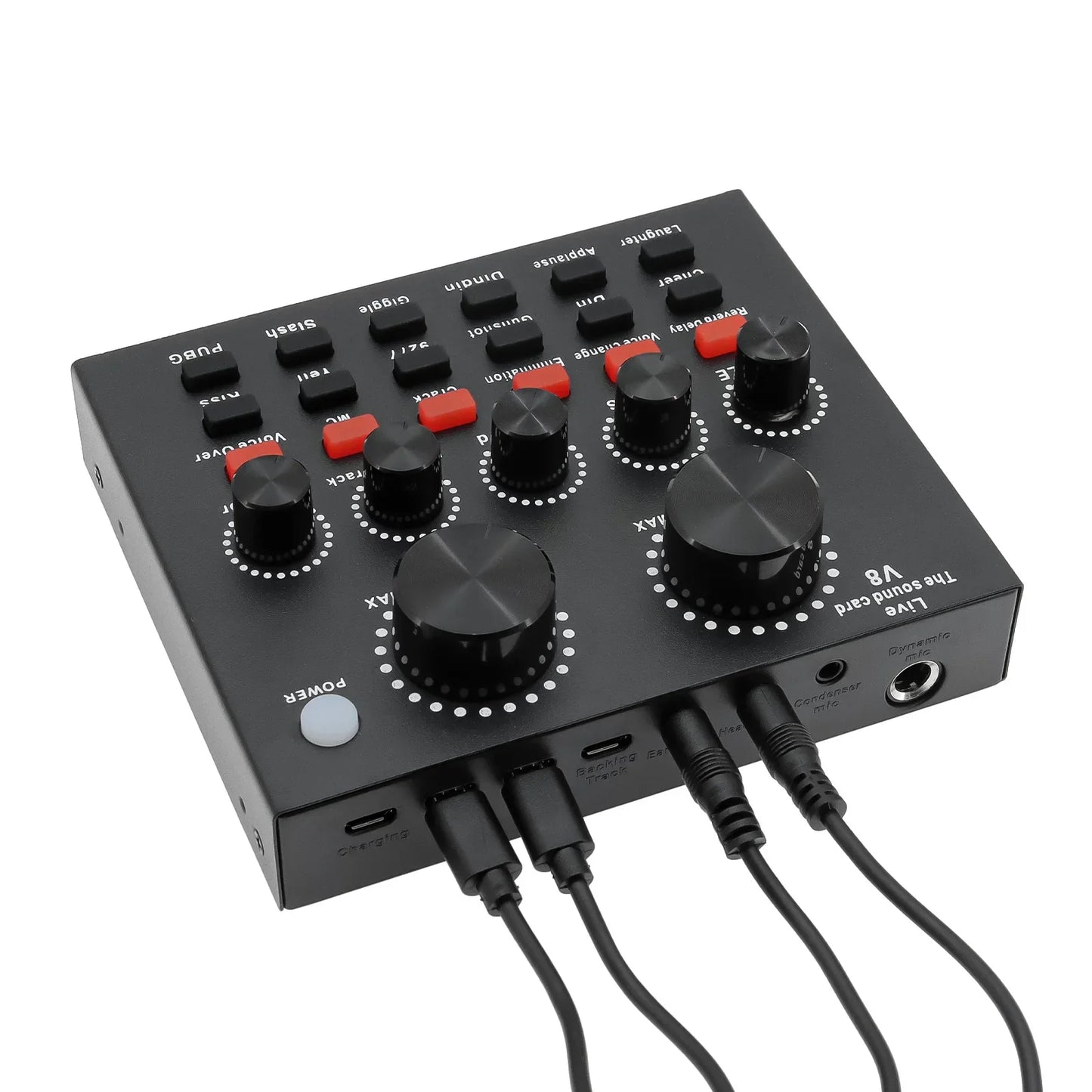 Black rectangular v8 audio sound card with red and black knobs usb ports and 3.5mm jacks for plug dj equipment and computer pc webcast
