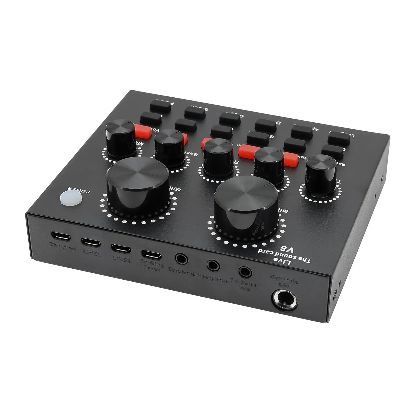 Black rectangular v8 audio sound card with six knobs red buttons and usb-c ports for plug dj equipment and computer pc webcast