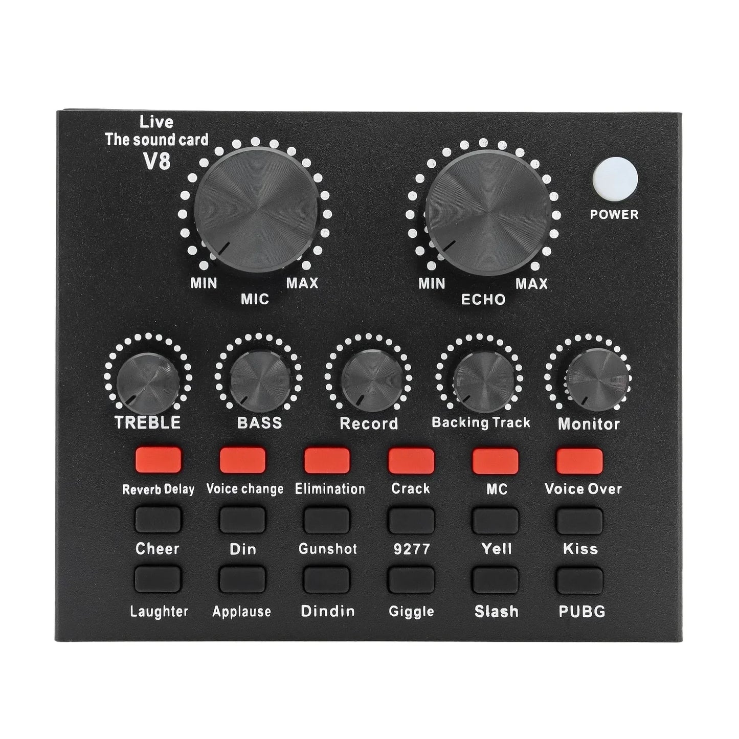 Black rectangular audio sound card v8 with multiple knobs for voice effects plug dj equipment for computer pc webcast