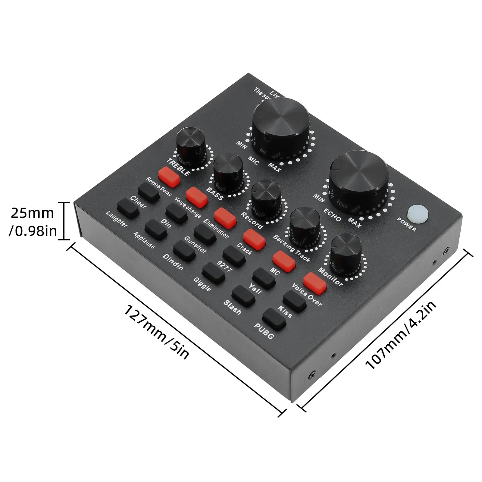Black rectangular v8 audio sound card with six rotary knobs and red labeled sound effect buttons for computer pc webcast plug dj equipment