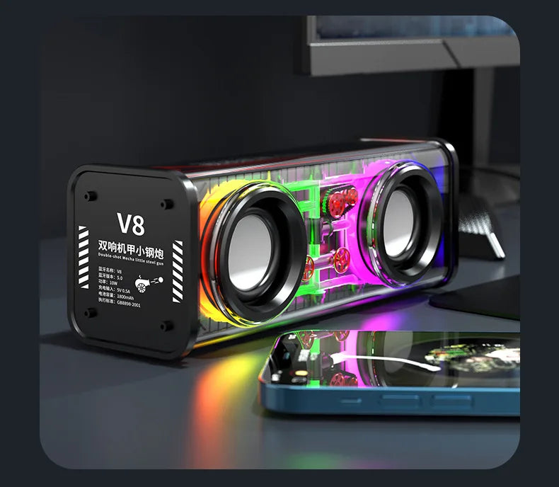 V8 transparent mecha dual speakers with transparent casing, colorful led lighting, and black circular drivers for wireless audio