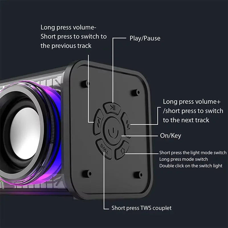 Black transparent mecha v8 dual speakers with purple led light, bluetooth 5.0, control buttons, and tws wireless subwoofer